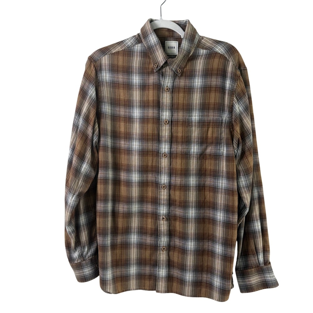 ROWM Button Down Flannel Shirt Mens L Brown Plaid Cotton Long Sleeve Gorpcore